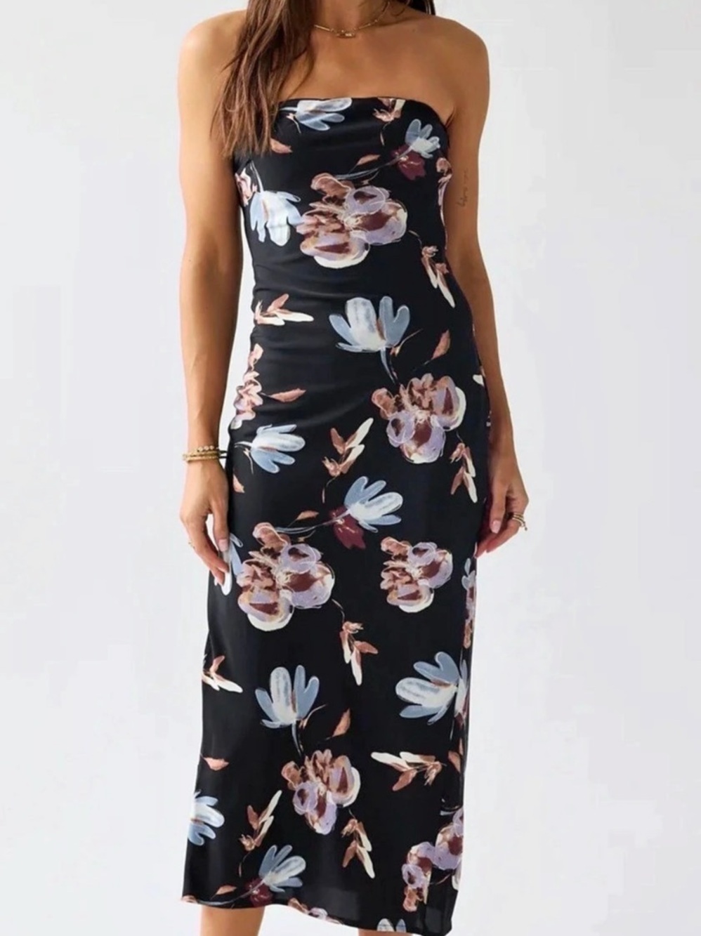 bรถhme Kendall Strapless Midi Dress Floral Black & Pink NWT